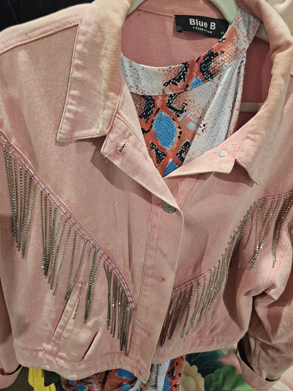 Blue B Pink Fringe Chain Denim Jacket